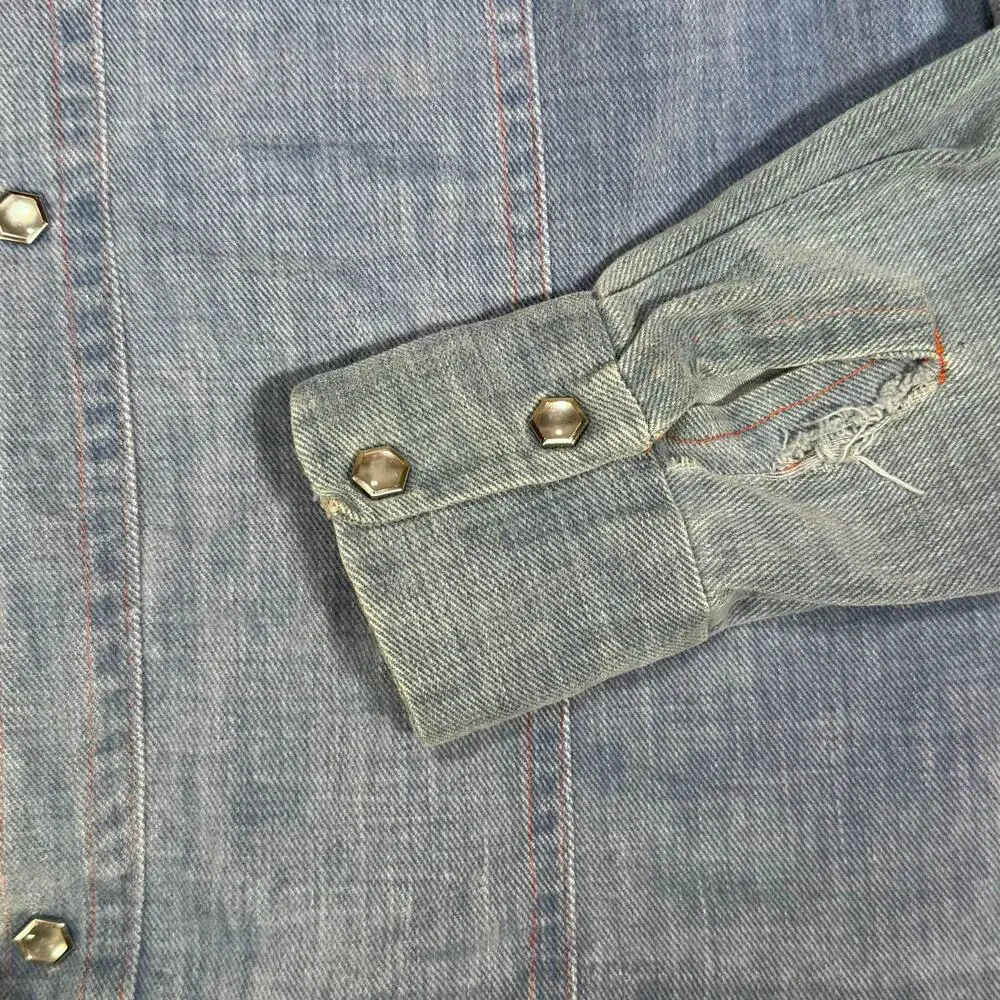 Vintage 1950s Denim Western Work Shirt Snap Button Single Stitch Ranch Faded S